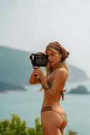 Model wearing the Brigitte gradient earth tones triangle bikini by Sofia Godinho